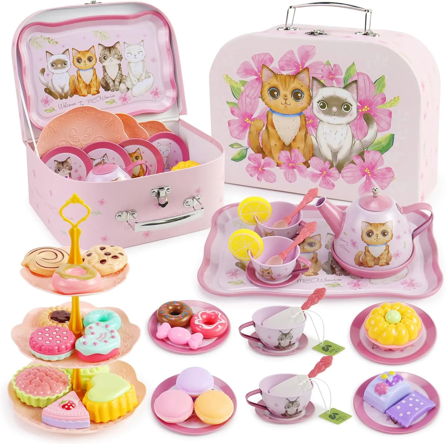 Tea Party Set for Little Girls, 50Pcs Kitchen Pretend Play Tea Time Toy with Tin Set, Desserts, Cake & Carrying Case, Birthday Gift for Kids Girls 3-6