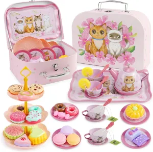 Tea Party Set for Little Girls, 50Pcs Kitchen Pretend Play Tea Time Toy with Tin Set, Desserts, Cake & Carrying Case, Birthday Gift for Kids Girls 3-6
