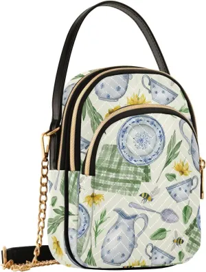 Teacup Bee Floral Beige Crossbody Bags for Women Fanny Pack Hand Travel Small Sling Cross Body Bag Phone Mini Wallet Purse