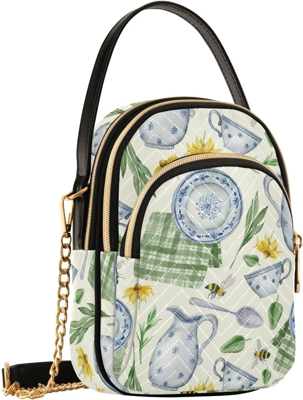 Teacup Bee Floral Beige Crossbody Bags for Women Fanny Pack Hand Travel Small Sling Cross Body Bag Phone Mini Wallet Purse