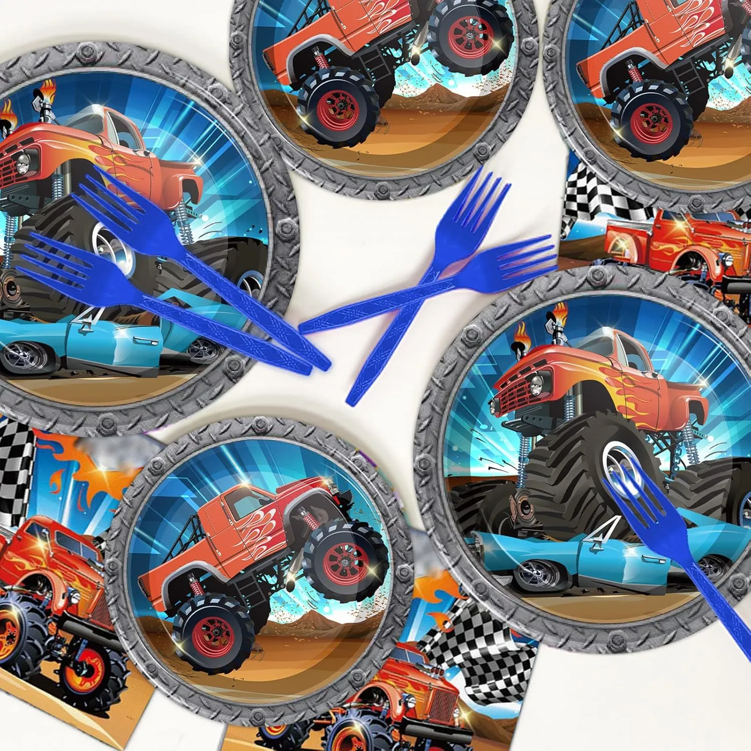 Tevxj 96PCS Truck Birthday Tableware Set Racing Car Dinnerware Disposable Plates Truck Theme Party Plates Napkins Forks for Boys Kids Car Party Decorations Supplies 24 guests