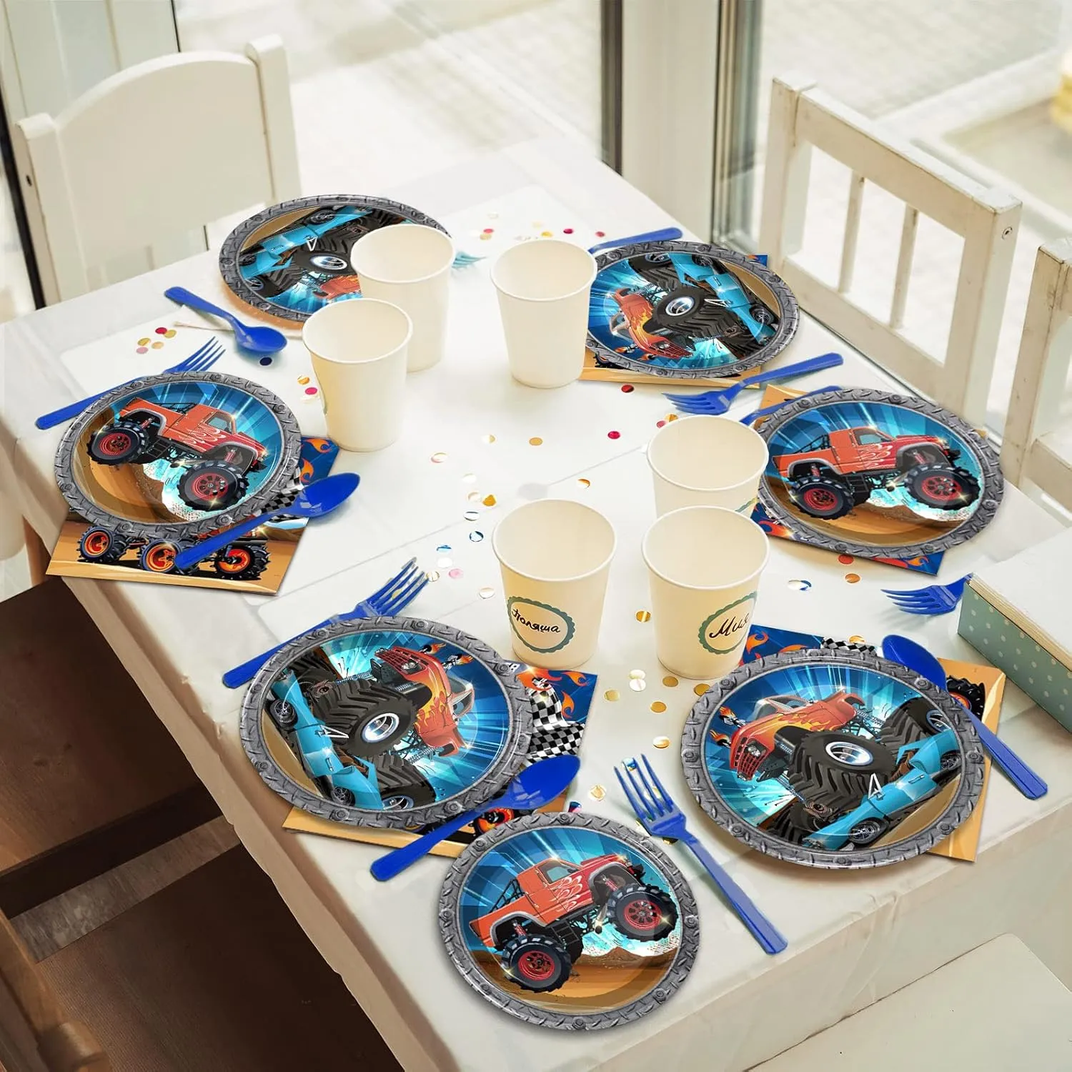 Tevxj 96PCS Truck Birthday Tableware Set Racing Car Dinnerware Disposable Plates Truck Theme Party Plates Napkins Forks for Boys Kids Car Party Decorations Supplies 24 guests