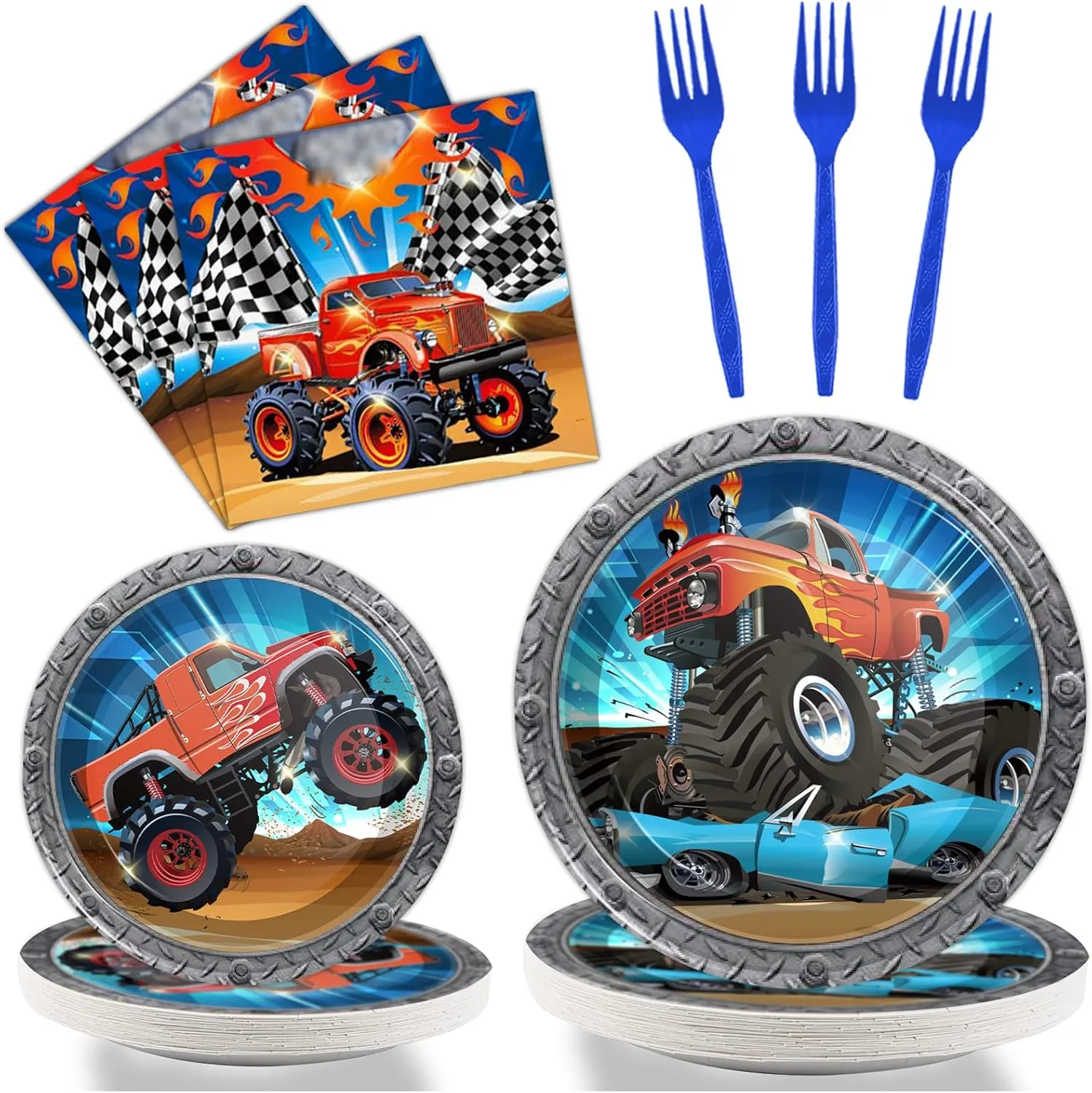 Tevxj 96PCS Truck Birthday Tableware Set Racing Car Dinnerware Disposable Plates Truck Theme Party Plates Napkins Forks for Boys Kids Car Party Decorations Supplies 24 guests