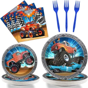 Tevxj 96PCS Truck Birthday Tableware Set Racing Car Dinnerware Disposable Plates Truck Theme Party Plates Napkins Forks for Boys Kids Car Party Decorations Supplies 24 guests