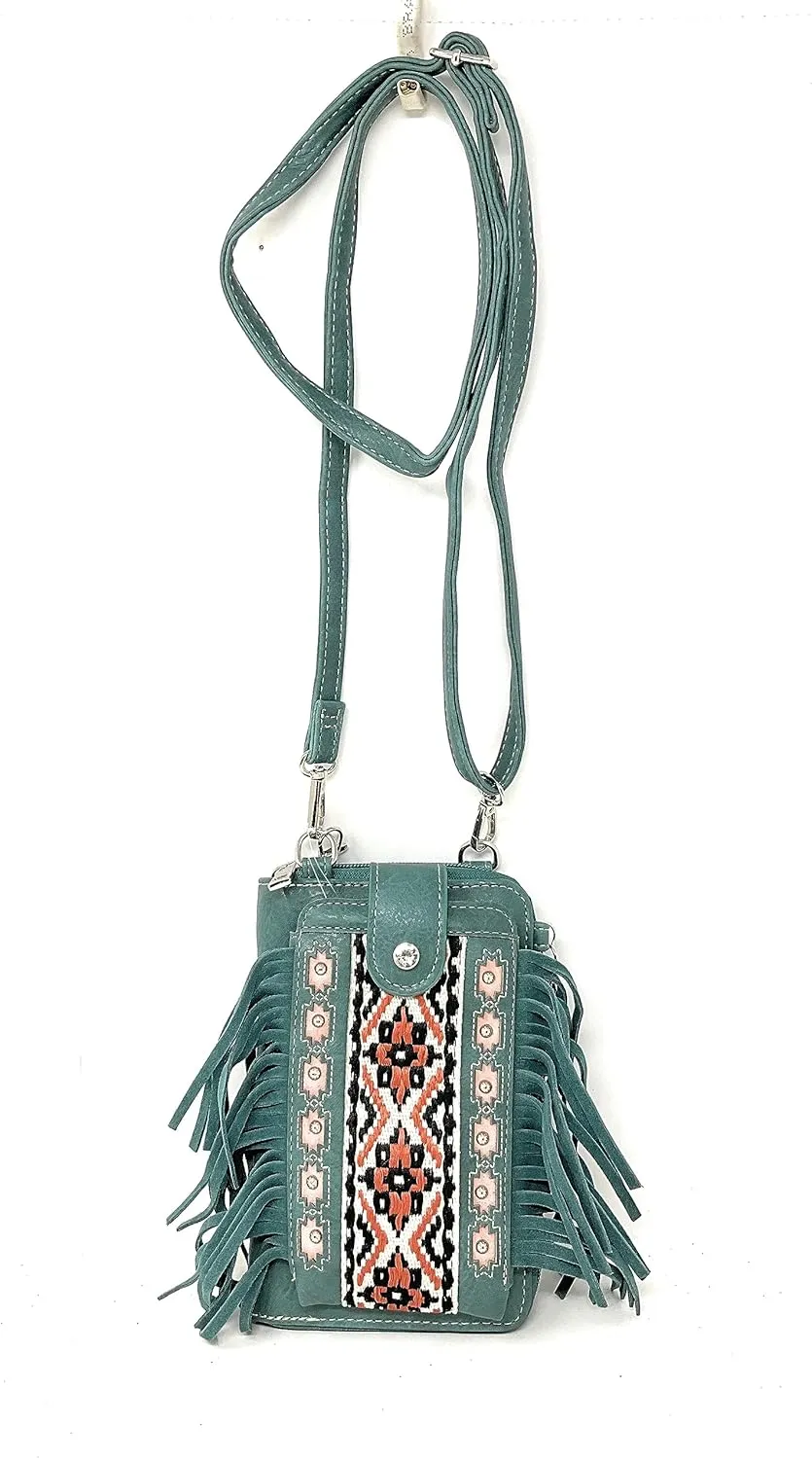 Texas West Western Style Small Embroidery Tassel Crossbody Cell Phone Purses Handbags with Coin Pocket in 3 colors