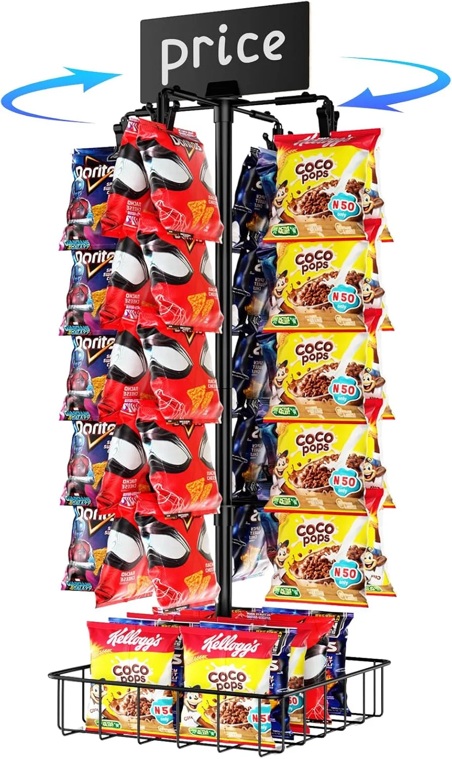 TJ.MOREE Chip Rack Display Stand, Chip Bag Holder for Party 360° Rotating 48 Clips Countertop Snack Hanger, Snack Retail Display Rack