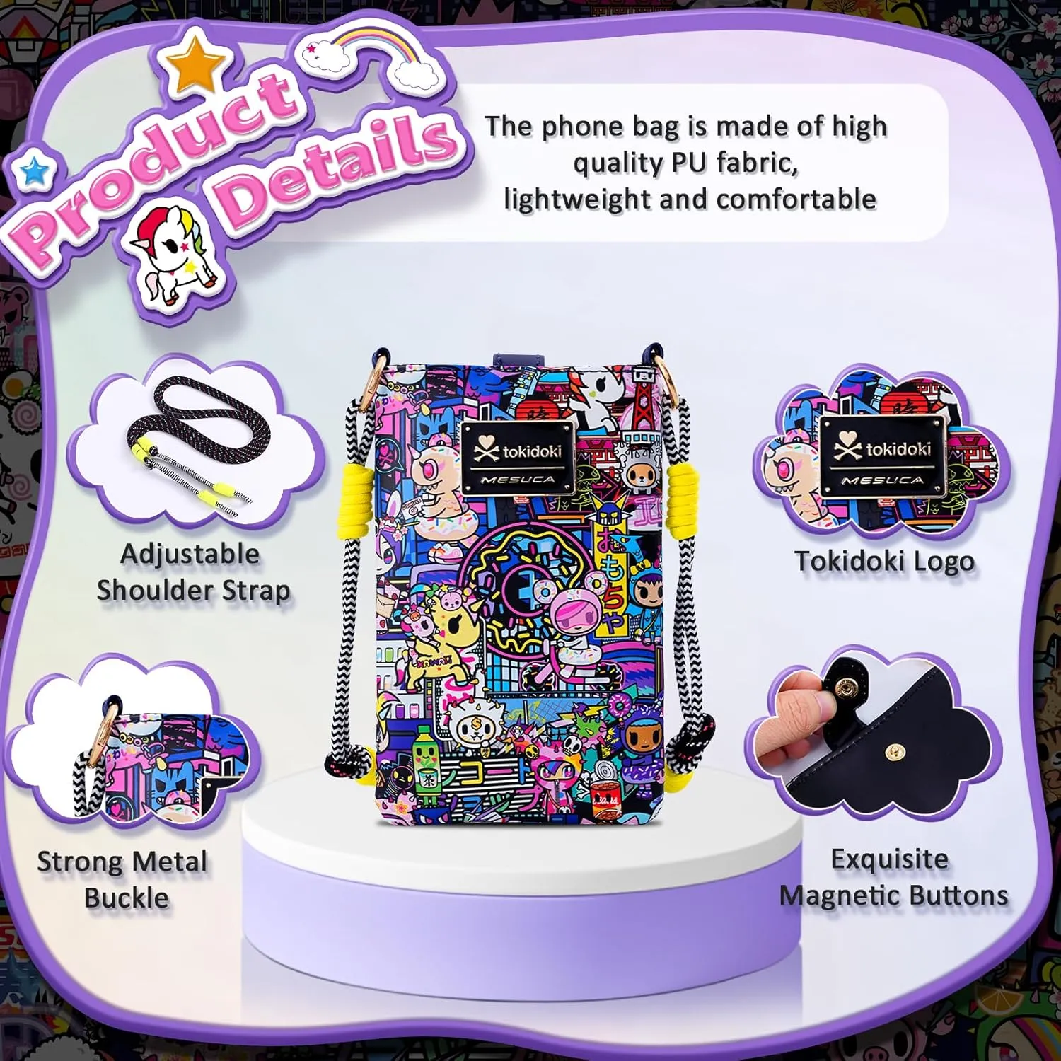 Tokidoki Official Licensed Leather Crossbody Bag with Adjustable Strap Phone Bag Shoulder Bag Coin Purses for Women