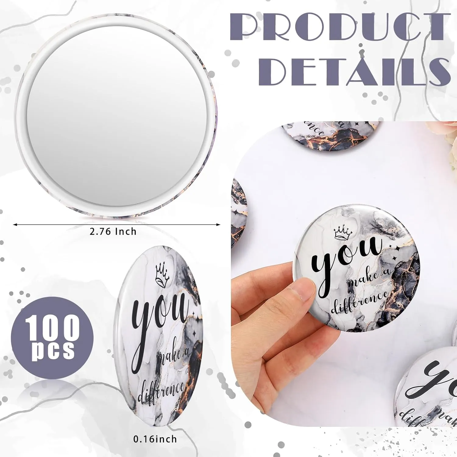 Tradder 100 Pcs 2.76 Inch Inspirational Mini Compact Mirror Bulk You Make a Difference Makeup Pocket Purse Mirror for Women Mother's Day Coworker Nurse Teacher Employee Appreciation Gift (Black)