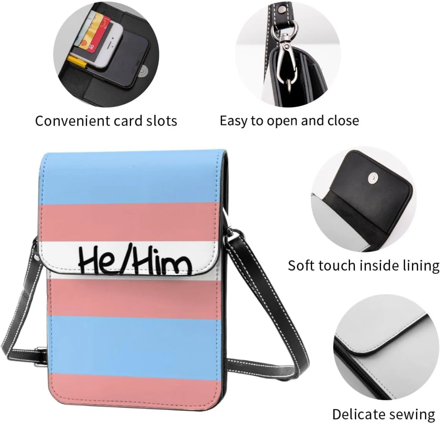 Trans Flag HE HIM Pronouns Cell Phone Purse Small Crossbody Bags For Women Men Wallet Purses With Adjustable Strap
