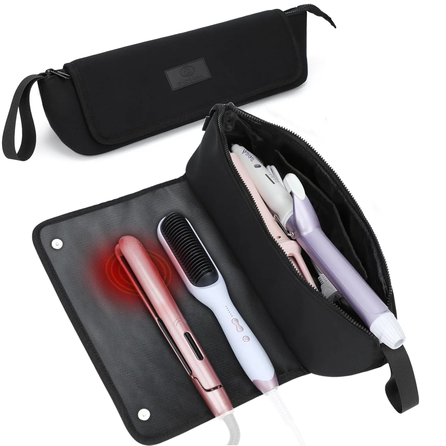 Travel Essentials Neoprene Hair Style Tools Bag w/ Fireproof Mat for Flat or Curling Irons, Straighteners Accessories, Gifts for Women Mom Daughter Sister Friends for Birthday (Black-Fireproof Mat)