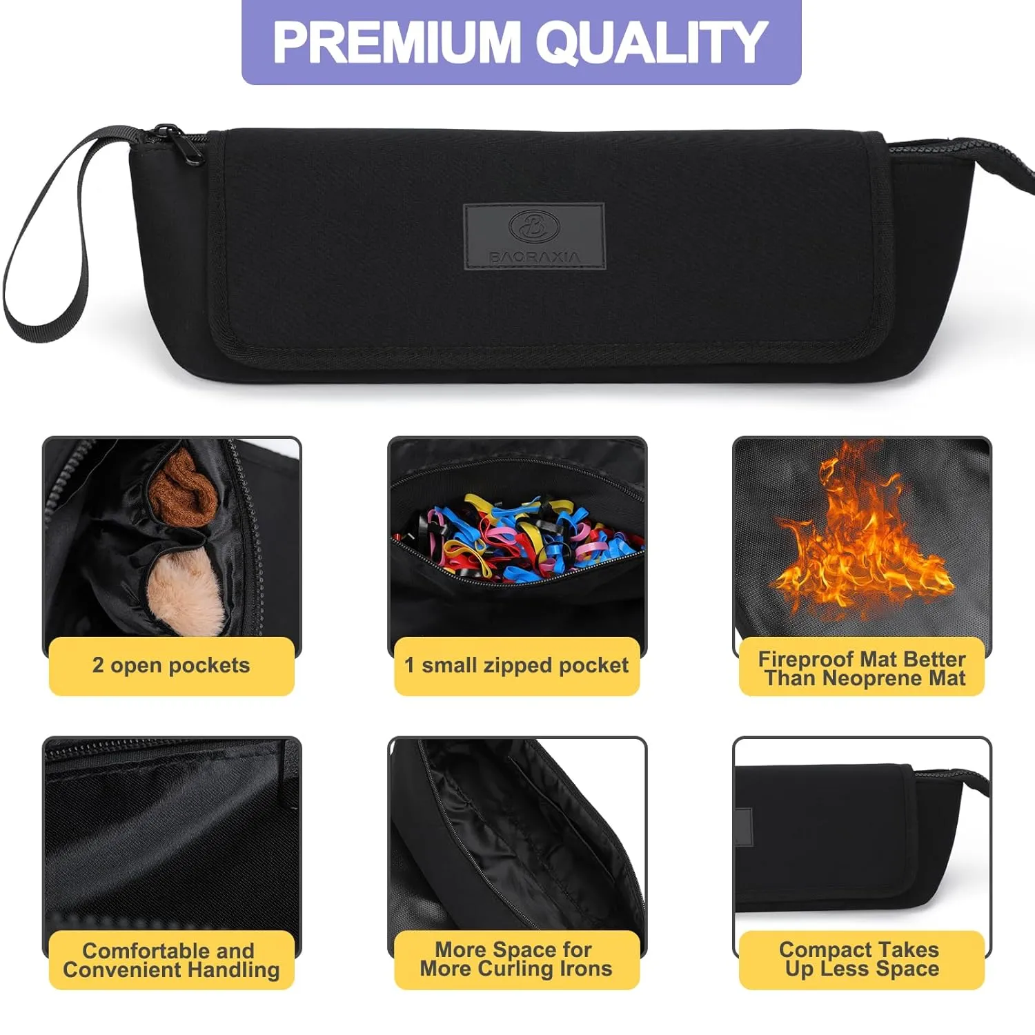 Travel Essentials Neoprene Hair Style Tools Bag w/ Fireproof Mat for Flat or Curling Irons, Straighteners Accessories, Gifts for Women Mom Daughter Sister Friends for Birthday (Black-Fireproof Mat)