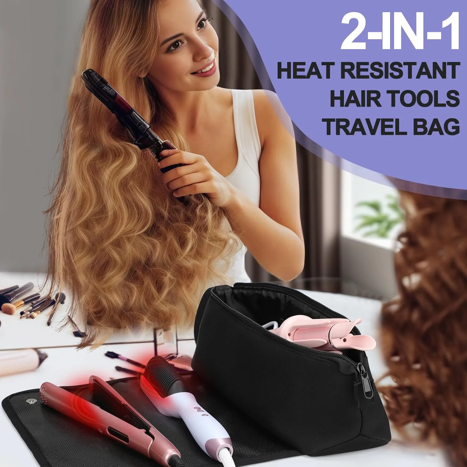 Travel Essentials Neoprene Hair Style Tools Bag w/ Fireproof Mat for Flat or Curling Irons, Straighteners Accessories, Gifts for Women Mom Daughter Sister Friends for Birthday (Black-Fireproof Mat)