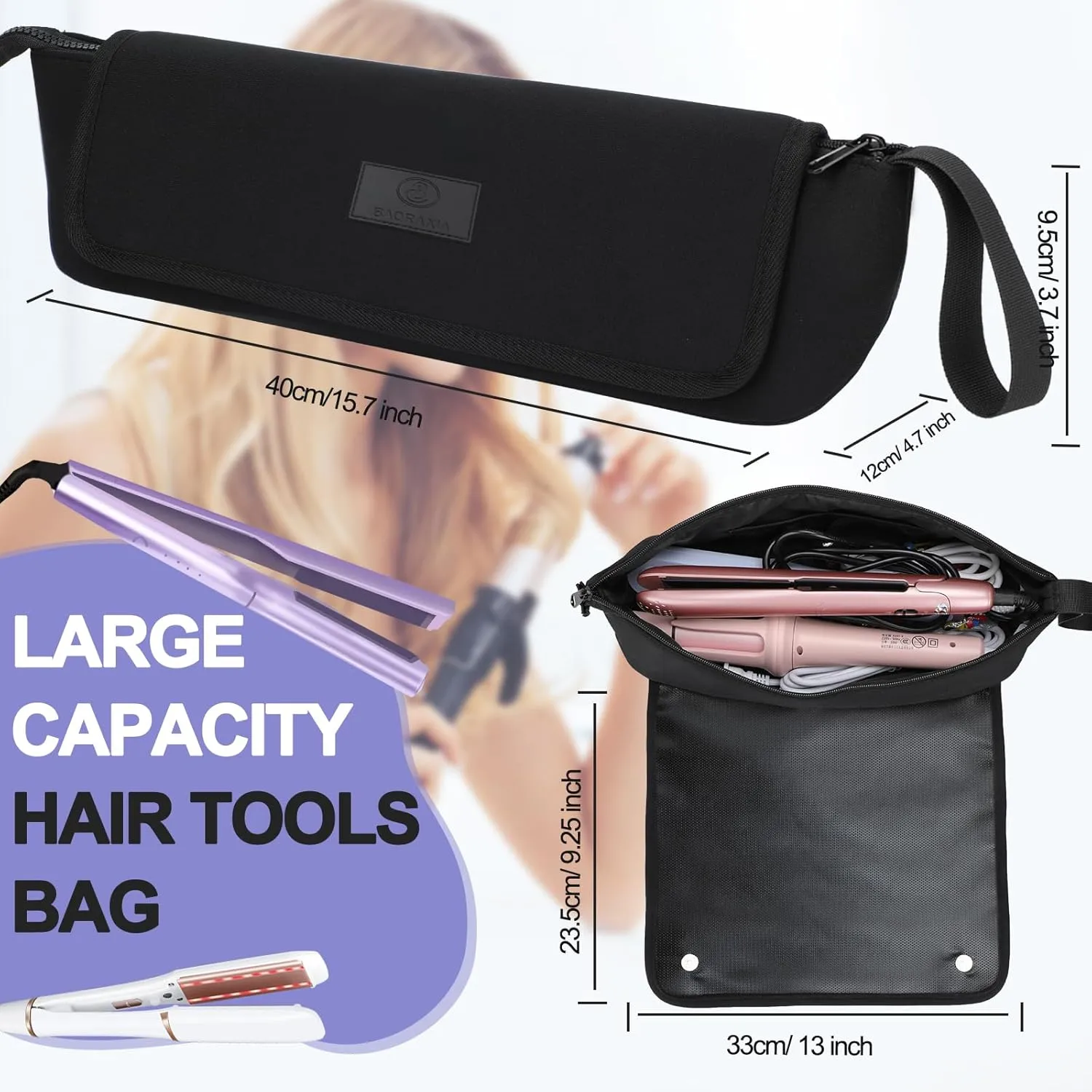 Travel Essentials Neoprene Hair Style Tools Bag w/ Fireproof Mat for Flat or Curling Irons, Straighteners Accessories, Gifts for Women Mom Daughter Sister Friends for Birthday (Black-Fireproof Mat)