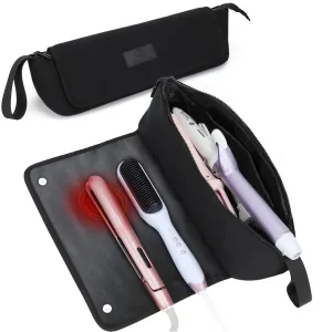 Travel Essentials Neoprene Hair Style Tools Bag w/ Fireproof Mat for Flat or Curling Irons, Straighteners Accessories, Gifts for Women Mom Daughter Sister Friends for Birthday (Black-Fireproof Mat)