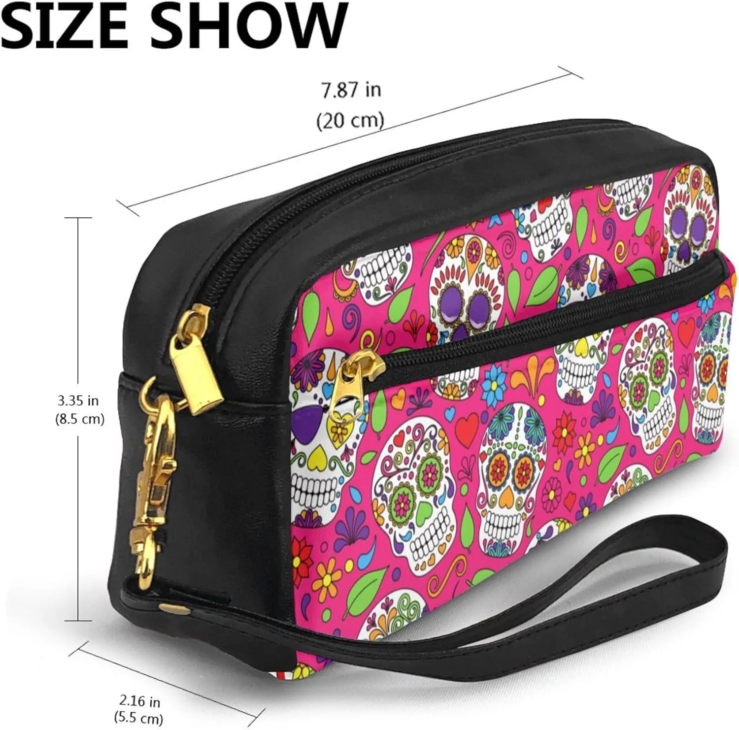 Travel Makeup Bag, Cosmetic Bag Compatible with Day Dead Mexican Sugar Skull, PU Leather Make Up Organizer Case, Large Pouch for Women Purse for Toiletries Accessories Brushes