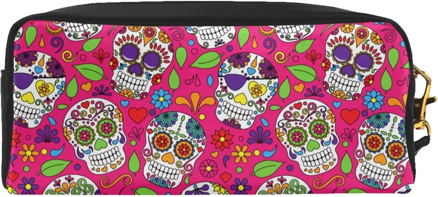Travel Makeup Bag, Cosmetic Bag Compatible with Day Dead Mexican Sugar Skull, PU Leather Make Up Organizer Case, Large Pouch for Women Purse for Toiletries Accessories Brushes