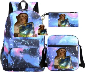 Trendy Monkey Backpack Set 3 PCS, Knapsack & Pencil Pouch & Crossbody Bag Combination Kit, Laptop Bag With Free Keychain (Star-Blue)