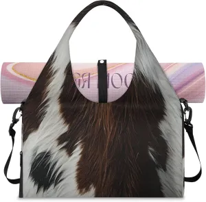 TropicalLife Cowhide Fur Cow Skin Yoga Gym Bags for Women with Shoes Compartment Travel Tote Duffle Bag Weekender Carry on Overnight Bags