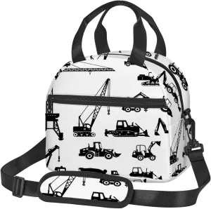 Trucks Print,Insulated Reusable Lunch Bag with Adjustable Shoulder Strap for Adults,Concrete Mixer Machines Set Trucks,Leakproof Office Picnic Hiking Beach Tote Bag,Black White,9x5x7.8in