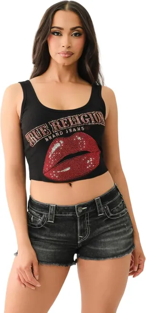 True Religion Women's Crystal Lips Raw Hem Tank​