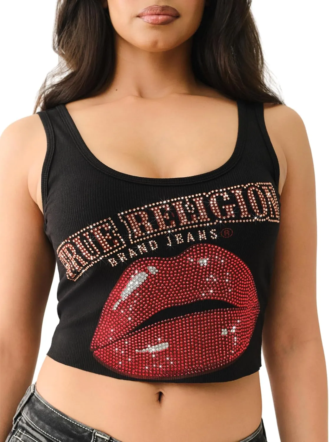 True Religion Women's Crystal Lips Raw Hem Tank​