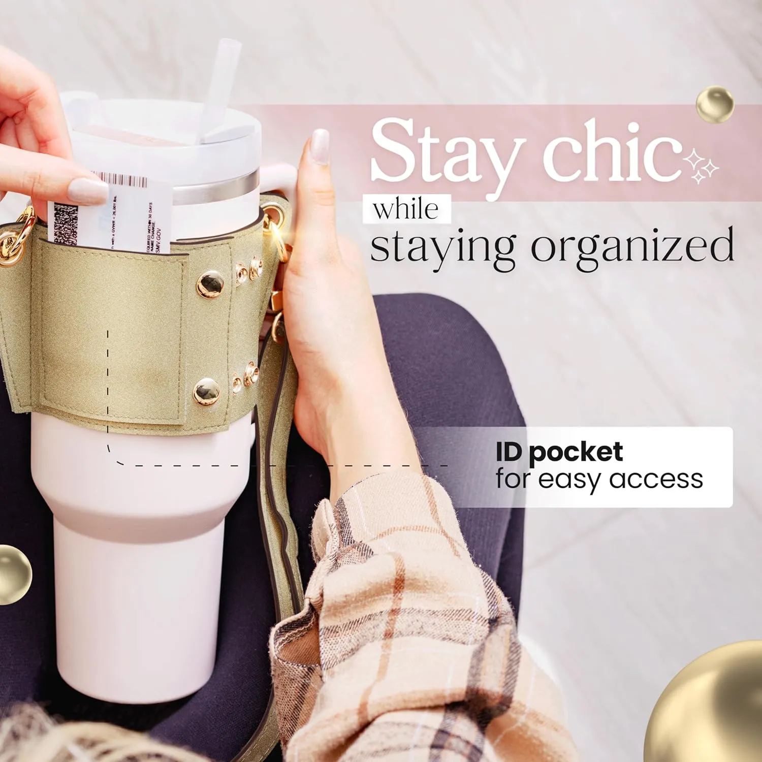Tumbler Tote™ Water Bottle Holder - Leather Carrier Strap, Compatible with Stanley 40 oz & 30 oz Tumbler with Handle, Stanley Cup Accessories, Adjustable Strap, Credit Card Holder, Gold
