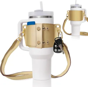 Tumbler Tote™ Water Bottle Holder - Leather Carrier Strap, Compatible with Stanley 40 oz & 30 oz Tumbler with Handle, Stanley Cup Accessories, Adjustable Strap, Credit Card Holder, Gold