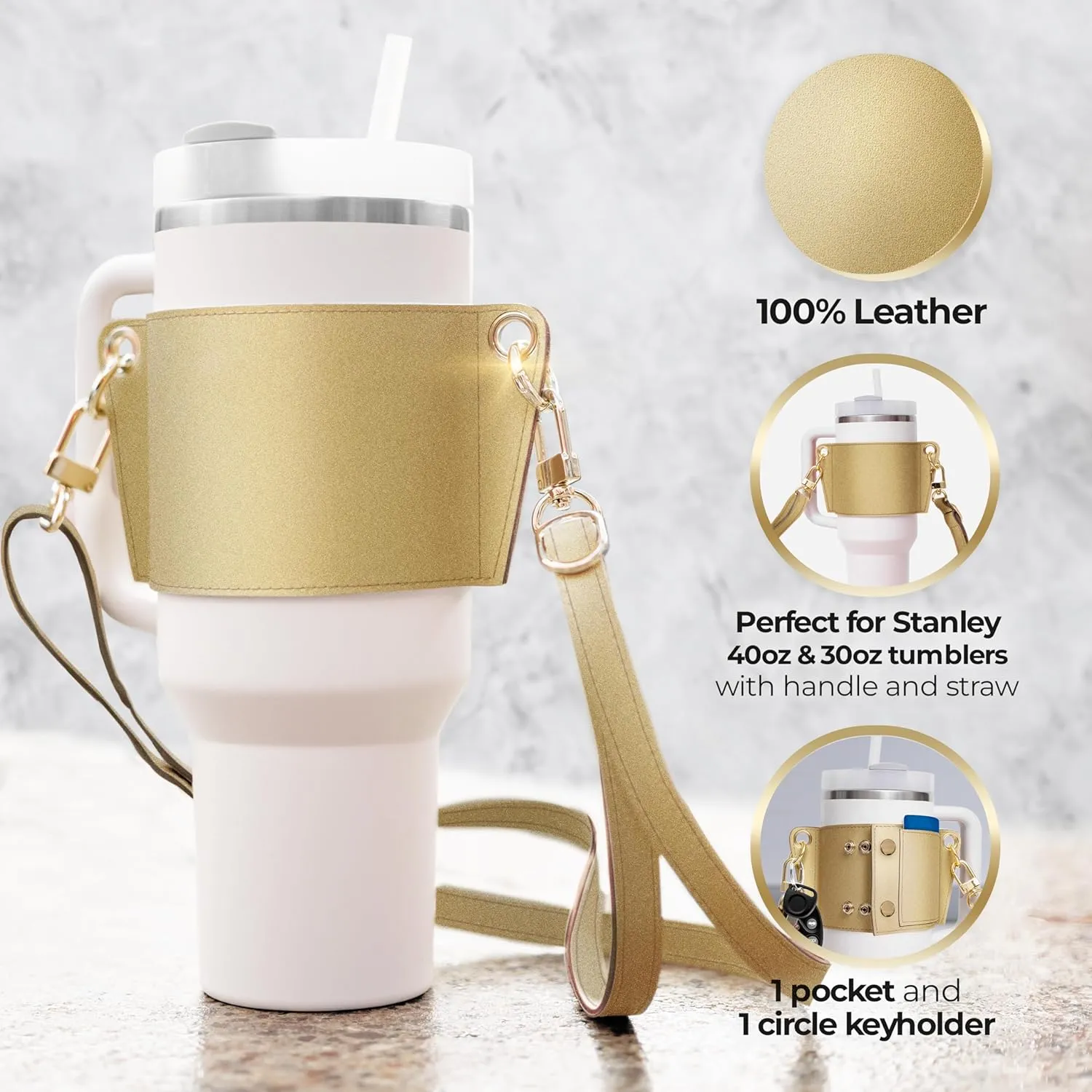 Tumbler Tote™ Water Bottle Holder - Leather Carrier Strap, Compatible with Stanley 40 oz & 30 oz Tumbler with Handle, Stanley Cup Accessories, Adjustable Strap, Credit Card Holder, Gold