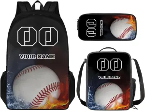 Tuoxiukan Youth Baseball Backpack For Girls 8-12 Fire Water Bookbag with Lunch Box Pencil Bag Elementary School Students School Bag Zipper Large Capacity Shoulder Bag Back to School Gifts for Child