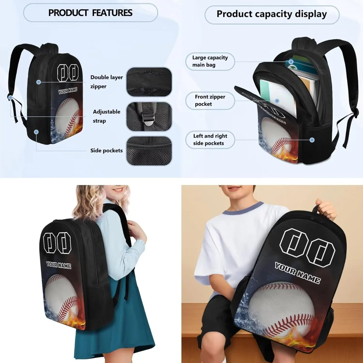 Tuoxiukan Youth Baseball Backpack For Girls 8-12 Fire Water Bookbag with Lunch Box Pencil Bag Elementary School Students School Bag Zipper Large Capacity Shoulder Bag Back to School Gifts for Child