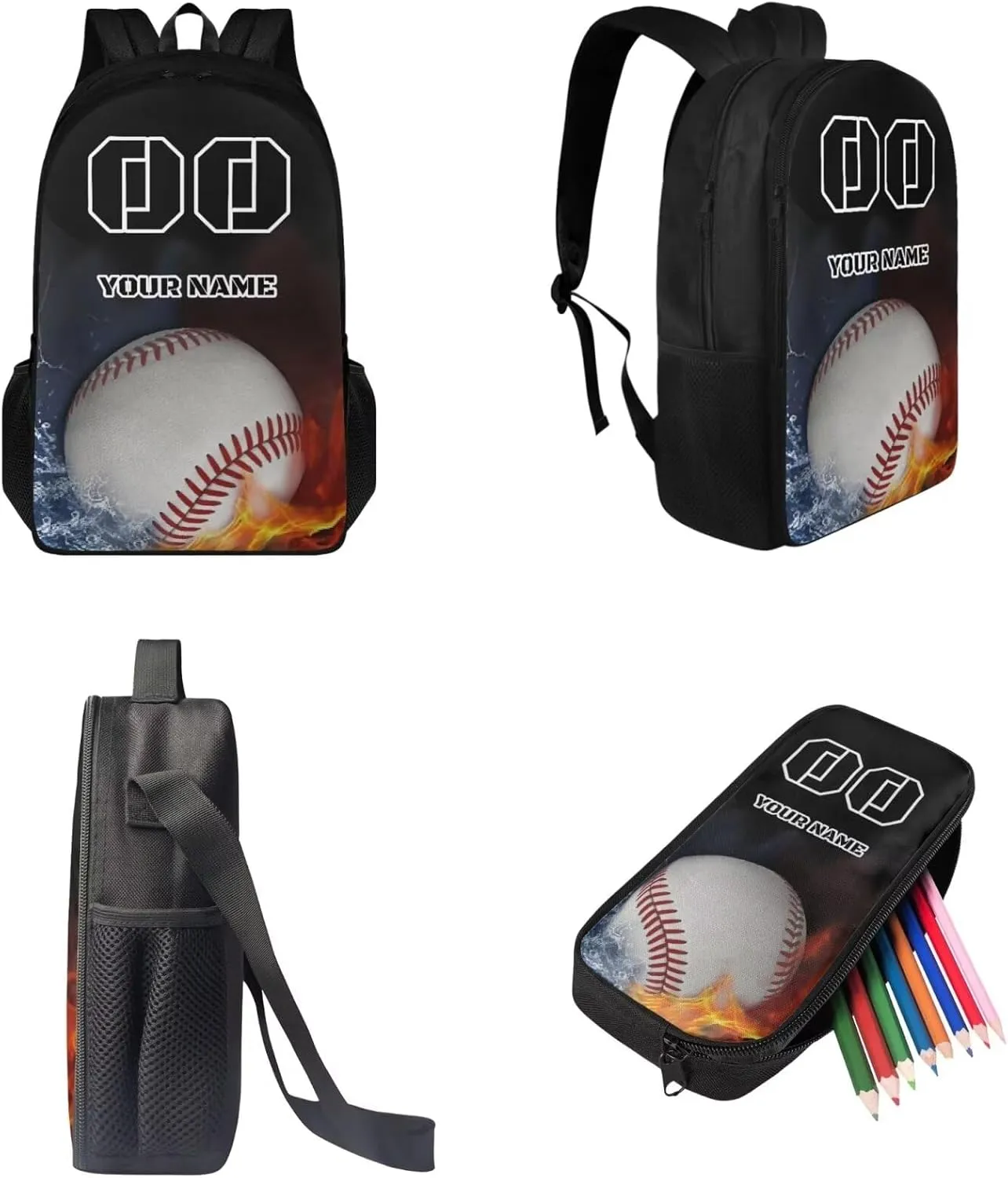 Tuoxiukan Youth Baseball Backpack For Girls 8-12 Fire Water Bookbag with Lunch Box Pencil Bag Elementary School Students School Bag Zipper Large Capacity Shoulder Bag Back to School Gifts for Child