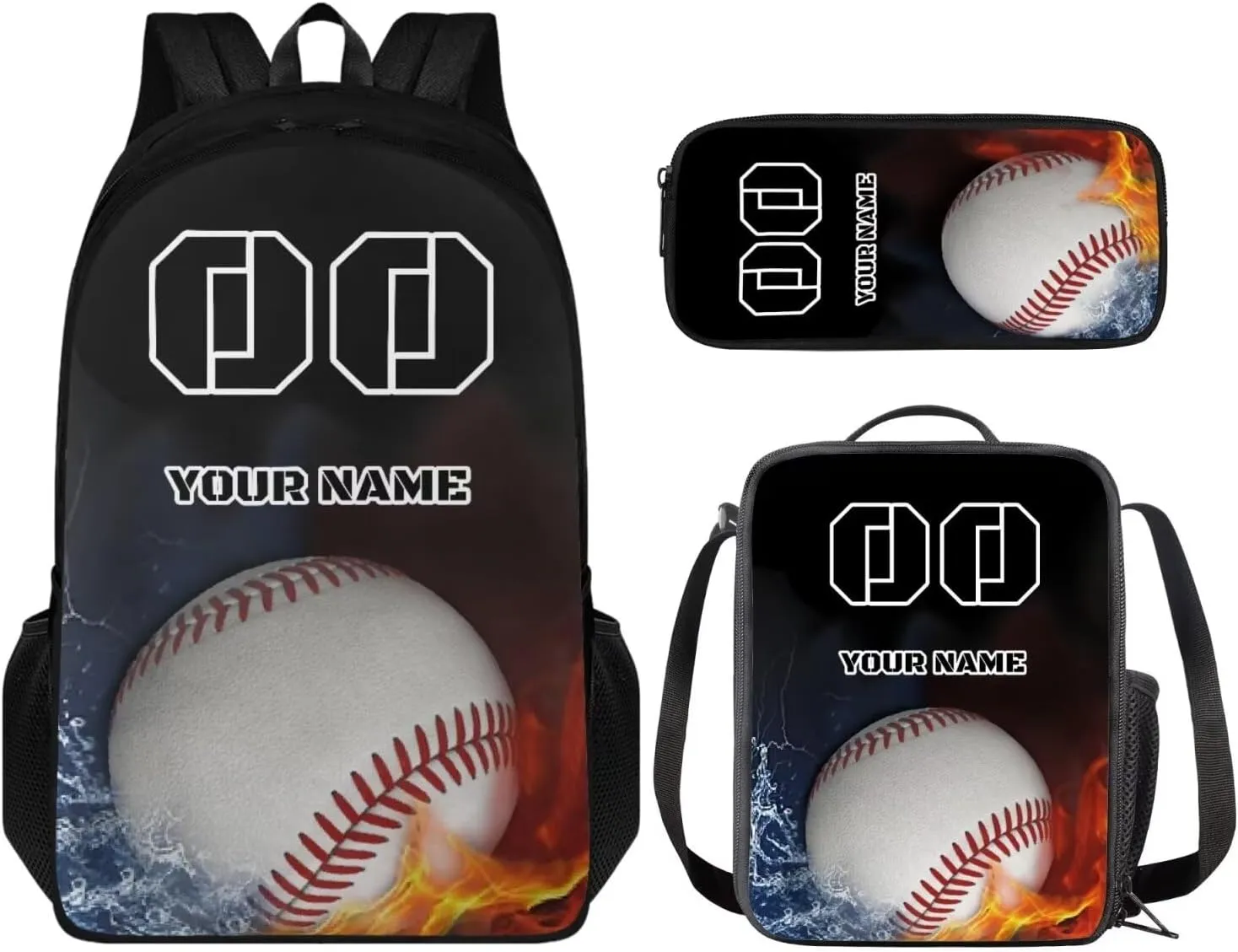 Tuoxiukan Youth Baseball Backpack For Girls 8-12 Fire Water Bookbag with Lunch Box Pencil Bag Elementary School Students School Bag Zipper Large Capacity Shoulder Bag Back to School Gifts for Child