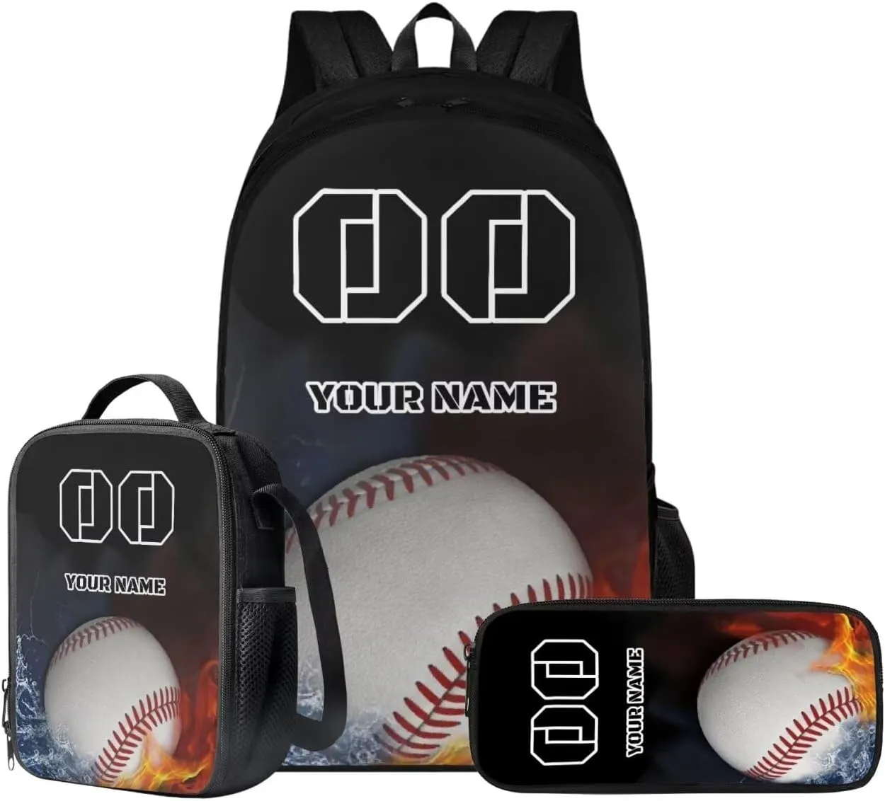 Tuoxiukan Youth Baseball Backpack For Girls 8-12 Fire Water Bookbag with Lunch Box Pencil Bag Elementary School Students School Bag Zipper Large Capacity Shoulder Bag Back to School Gifts for Child