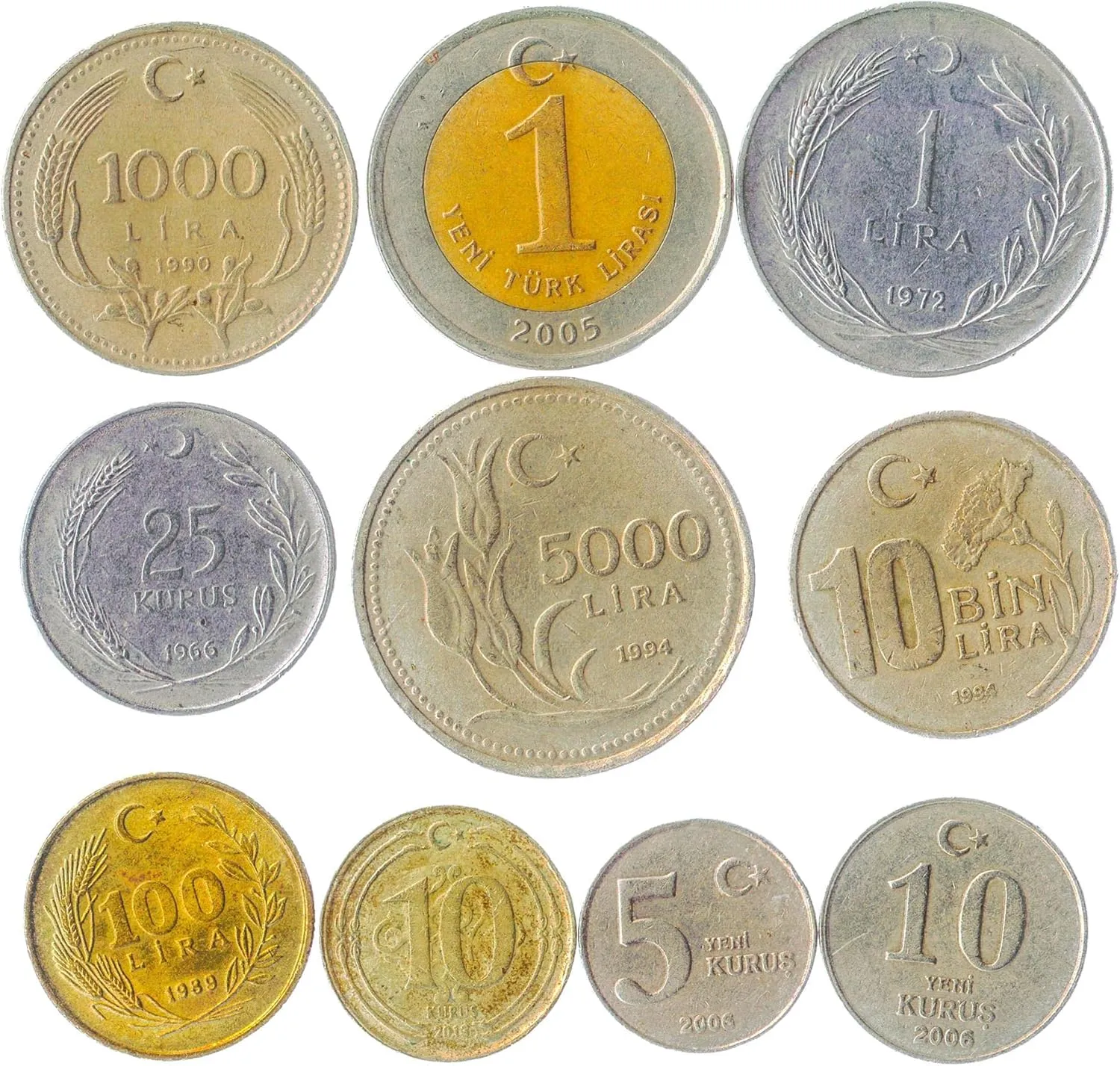 Turkey 10 Mixed Coins | Old Turkish Currency | Kurus | Bin Lira | Since 1957