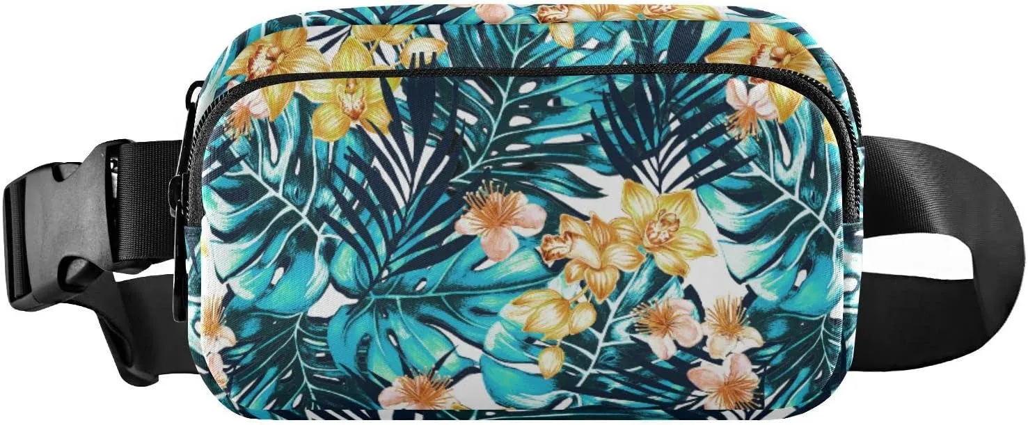 Turquoise Blue Tropical Palm Trees Leaves Yellow Orchid Flowers Adjustable Belt Running Bag, Crossbody Fanny Pack Waist Runners Bag Tote for Women Men Sports Hiking Fitness Exercise Gym Pouch