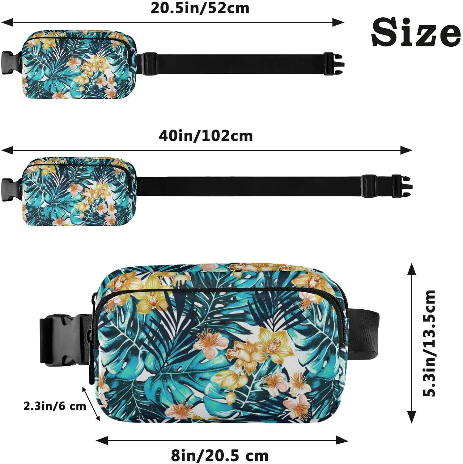 Turquoise Blue Tropical Palm Trees Leaves Yellow Orchid Flowers Adjustable Belt Running Bag, Crossbody Fanny Pack Waist Runners Bag Tote for Women Men Sports Hiking Fitness Exercise Gym Pouch