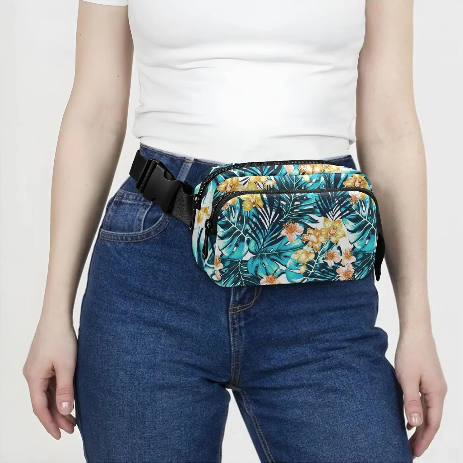 Turquoise Blue Tropical Palm Trees Leaves Yellow Orchid Flowers Adjustable Belt Running Bag, Crossbody Fanny Pack Waist Runners Bag Tote for Women Men Sports Hiking Fitness Exercise Gym Pouch
