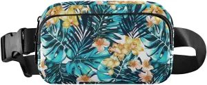 Turquoise Blue Tropical Palm Trees Leaves Yellow Orchid Flowers Adjustable Belt Running Bag, Crossbody Fanny Pack Waist Runners Bag Tote for Women Men Sports Hiking Fitness Exercise Gym Pouch