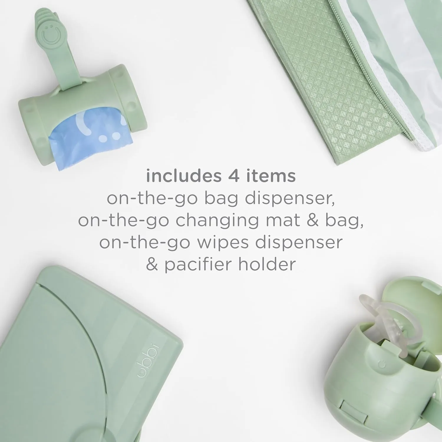 Ubbi On-The-Go Diapering Gift Set, Includes Changing Mat and Bag, Wipes Dispenser, Pacifier Holder and Bag Dispenser, Newborn Essentials, Sage