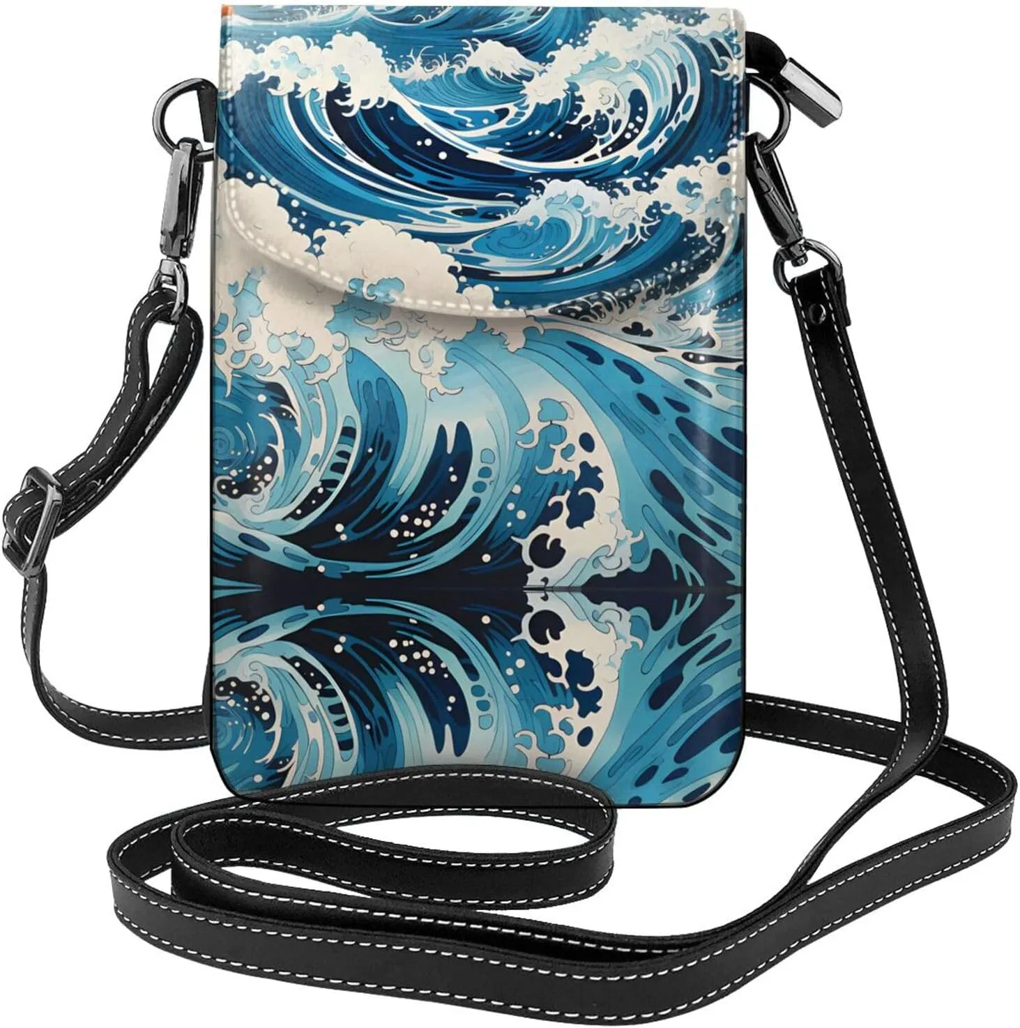 Ukiyo-e style waves Women's crossbody bag, crossbody phone bag, tassel wallet with shoulder strap, best gift for women.