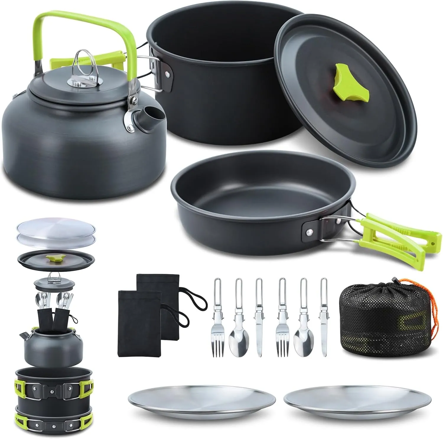 Ultimate Outdoor Cooking Set: Non-Stick Camping Cookware Kit, Stainless Steel Fork and Spoon - Ideal for Backpacking, Hiking, and Picnics