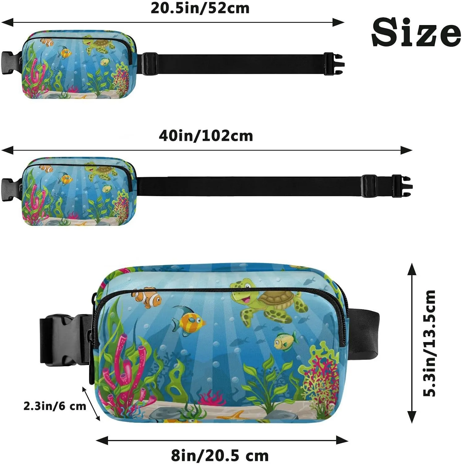 Underwater Blue Ocean Landscape with Sea Turtles Fish Sea Plants Adjustable Belt Running Bag, Crossbody Fanny Pack Waist Runners Bag Tote for Women Men Sports Hiking Fitness Exercise Gym Pouch