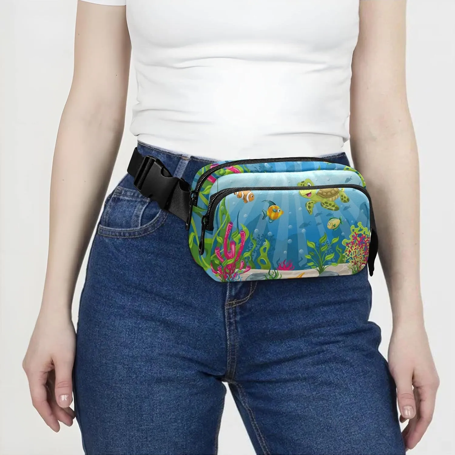 Underwater Blue Ocean Landscape with Sea Turtles Fish Sea Plants Adjustable Belt Running Bag, Crossbody Fanny Pack Waist Runners Bag Tote for Women Men Sports Hiking Fitness Exercise Gym Pouch