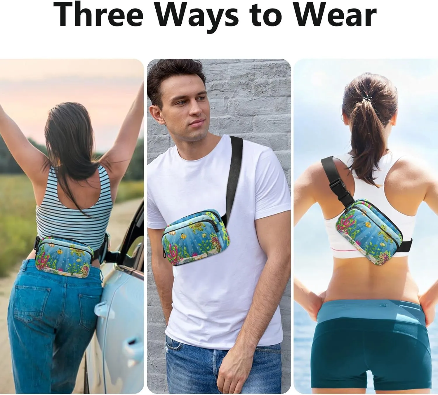 Underwater Blue Ocean Landscape with Sea Turtles Fish Sea Plants Adjustable Belt Running Bag, Crossbody Fanny Pack Waist Runners Bag Tote for Women Men Sports Hiking Fitness Exercise Gym Pouch