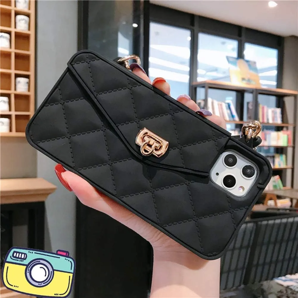 UnnFiko Wallet Phone Case Compatible with iPhone 16 Pro, Cute Light Luxury Bag Design, Purse Flip Card Pouch Cover Soft Silicone Case with Handstrap Long Shoulder Strap (Black, iPhone 16 Pro)