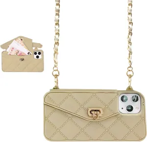 UnnFiko Wallet Phone Case Compatible with iPhone 16 Pro Max, Cute Light Luxury Bag Design, Purse Flip Card Pouch Cover Soft Silicone Case with Handstrap Long Shoulder Strap (Khaki, iPhone 16 Pro Max)