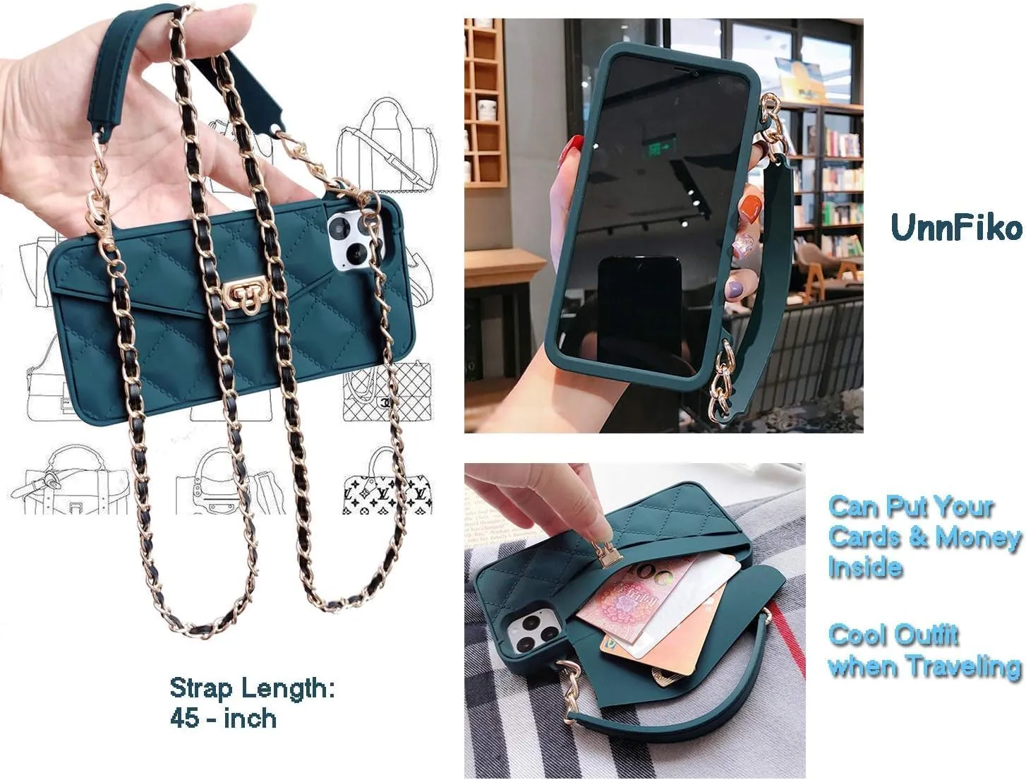 UnnFiko Wallet Phone Case Compatible with iPhone 16 Pro Max, Cute Luxury Bag Design, Purse Flip Card Pouch Cover Soft Silicone Case with Handstrap Long Shoulder Strap (Dark Green, iPhone 16 Pro Max)