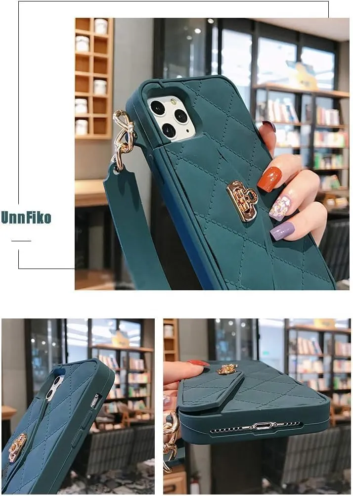UnnFiko Wallet Phone Case Compatible with iPhone 16 Pro Max, Cute Luxury Bag Design, Purse Flip Card Pouch Cover Soft Silicone Case with Handstrap Long Shoulder Strap (Dark Green, iPhone 16 Pro Max)