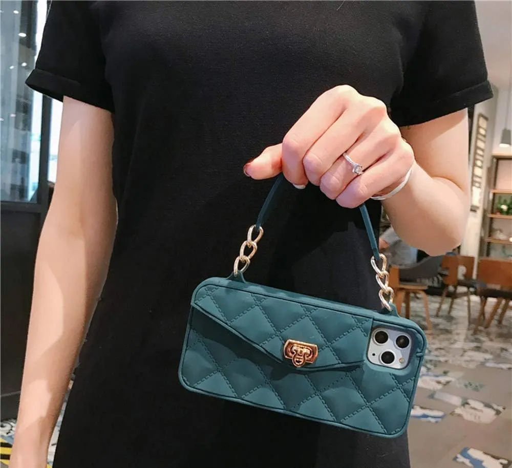 UnnFiko Wallet Phone Case Compatible with iPhone 16 Pro Max, Cute Luxury Bag Design, Purse Flip Card Pouch Cover Soft Silicone Case with Handstrap Long Shoulder Strap (Dark Green, iPhone 16 Pro Max)