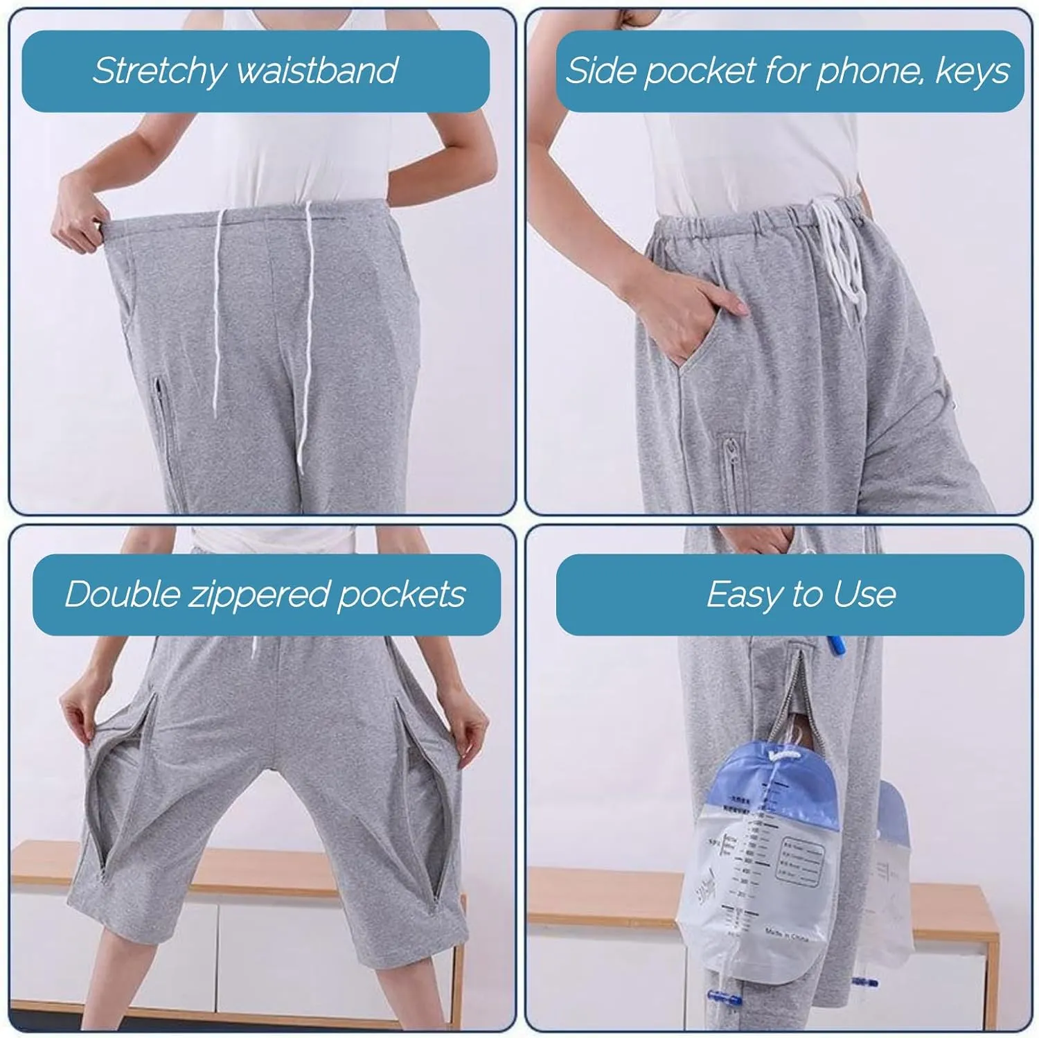 Urine Bag Holder Pants, Catheter Leg Bag Cropped Pants with 2 Pockets Holding Urinate Drainage Bags for Biliary Catheters, Nephrostomy, Cystostomy (Black,L)